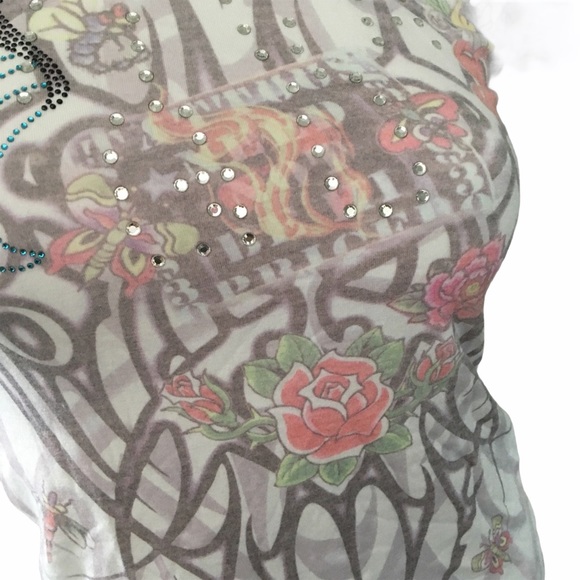new Go Jeans Couture ❃ Edgy Tattoo Floral Print Crystal Tee T Shirt ❃ White ❃ - Picture 3 of 9